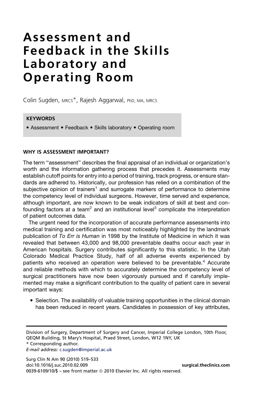 Assessment and Feedback in the Skills Laboratory and Operating Room by Colin Sugden MRCS; Rajesh Aggarwal PhD MA MRCS