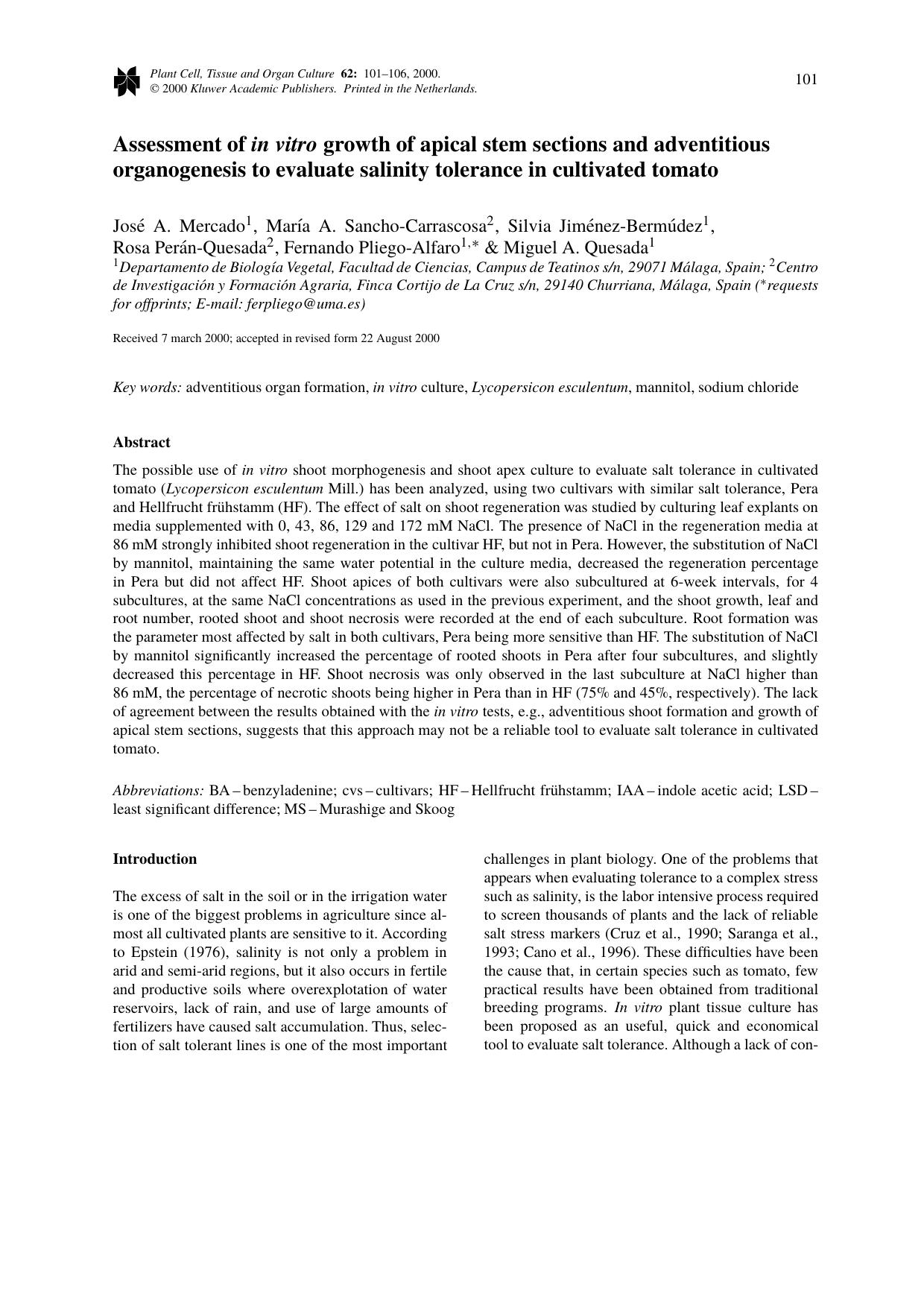 Assessment of <Emphasis Type="Italic">in vitro<Emphasis> growth of apical stem sections and adventitious organogenesis to evaluate salinity tolerance in cultivated tomato by Unknown