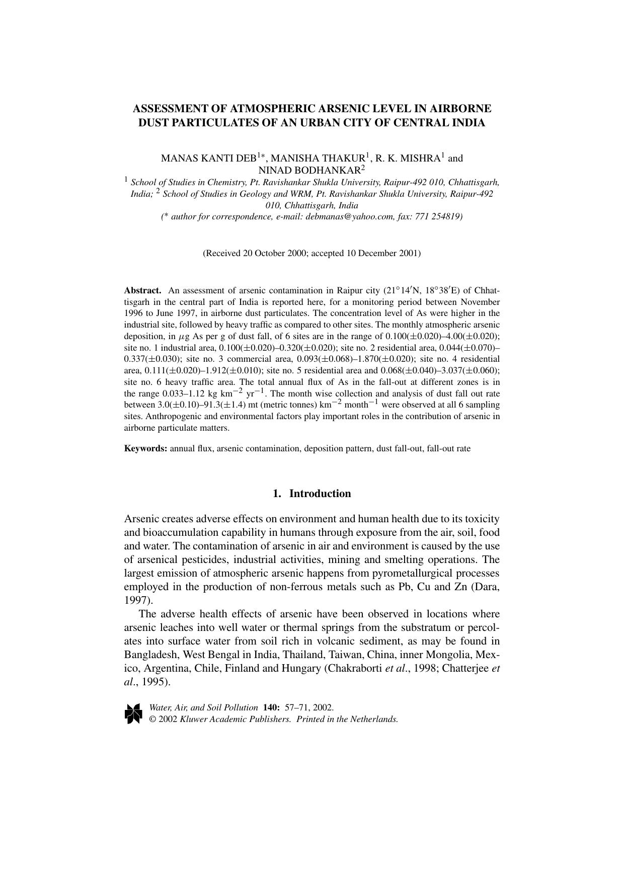Assessment of Atmospheric Arsenic Level in Airborne Dust Particulates of an Urban City of Central India by Unknown