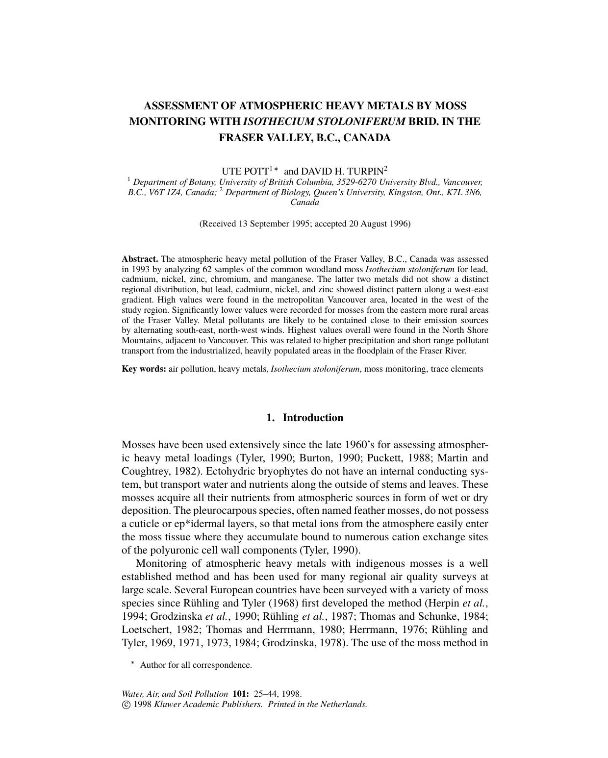 Assessment of Atmospheric Heavy Metals by Moss Monitoring with Isothecium Stoloniferum Brid. in the Fraser Valley, B.C., Canada by Unknown