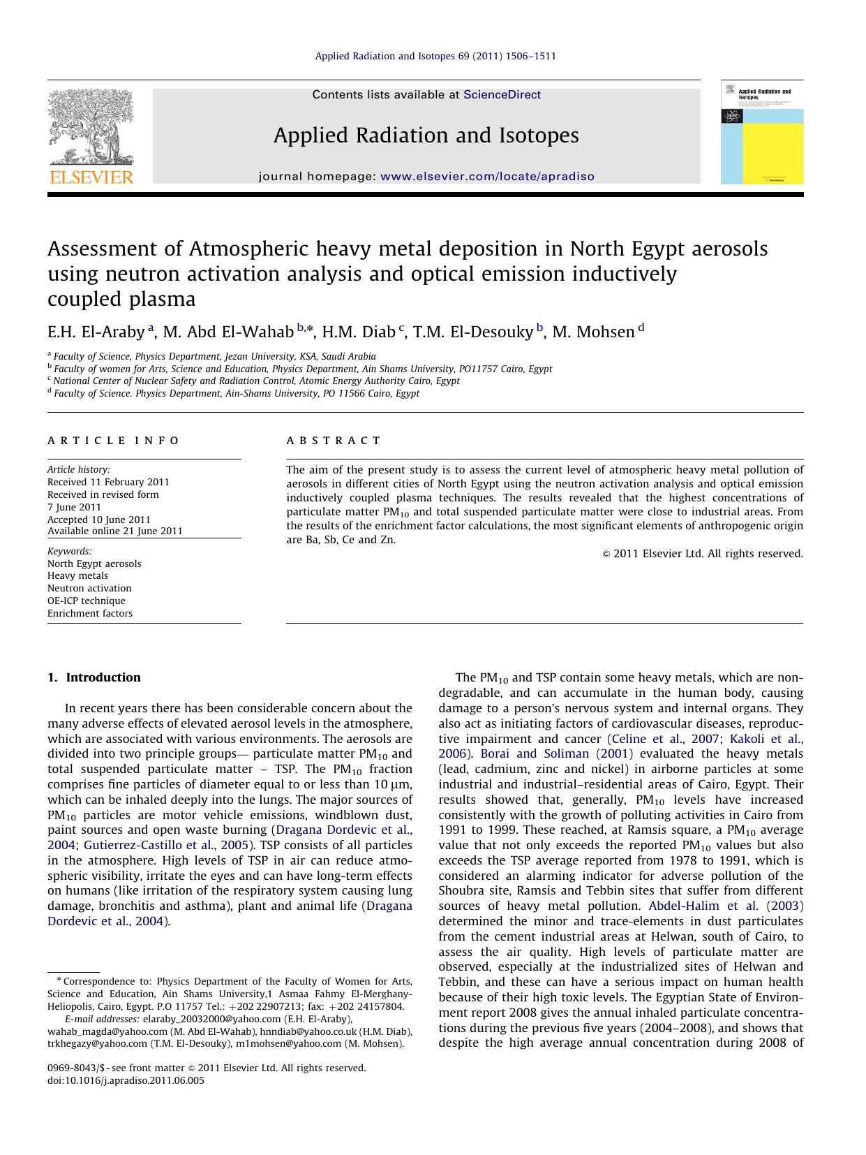 Assessment of Atmospheric heavy metal deposition in North Egypt aerosols using neutron activation analysis and optical emission inductively coupled plasma by E.H. El-Araby & M. Abd El-Wahab & H.M. Diab & T.M. El-Desouky & M. Mohsen