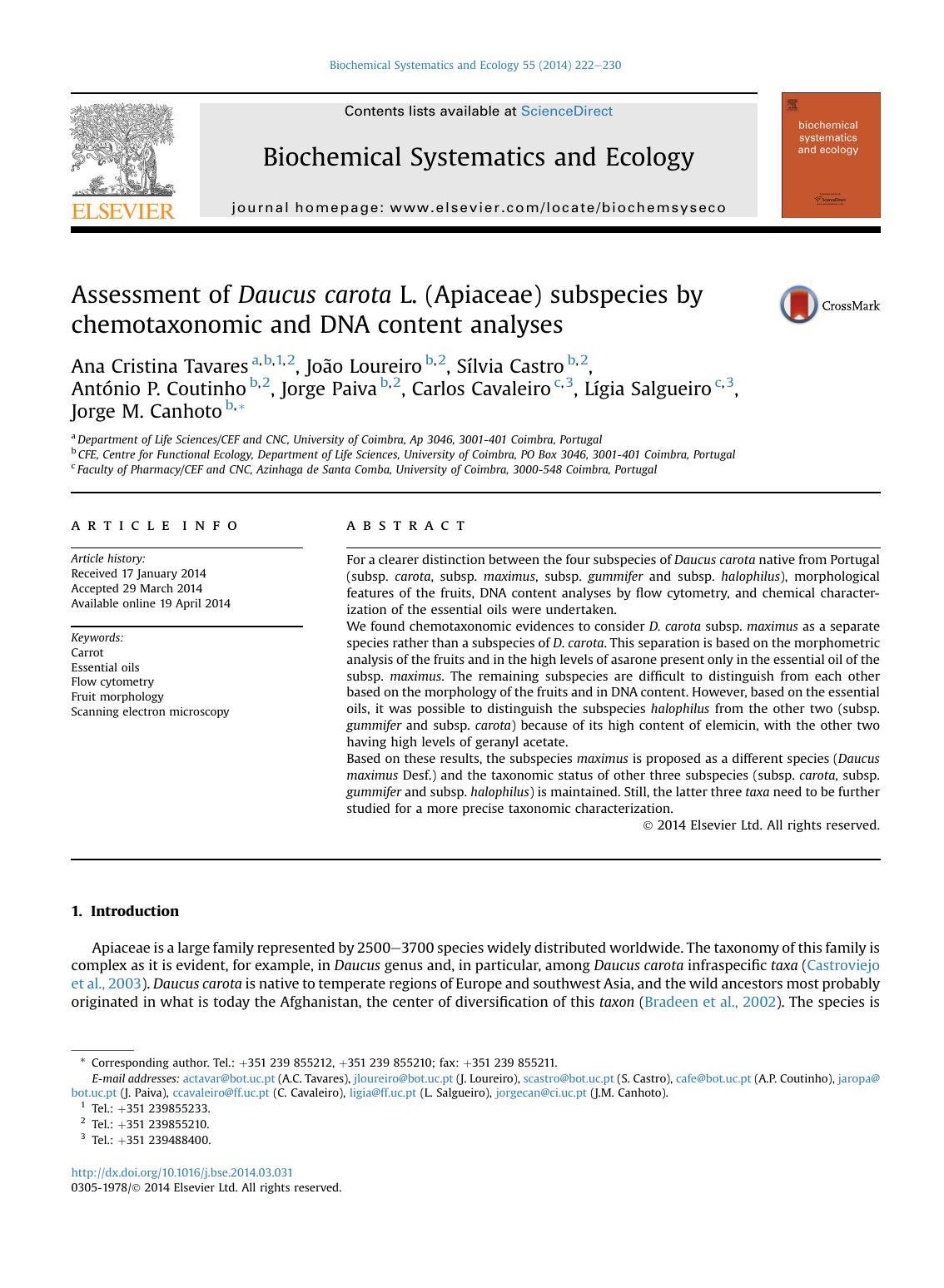 Assessment of Daucus carota L. (Apiaceae) subspecies by chemotaxonomic and DNA content analyses by unknow