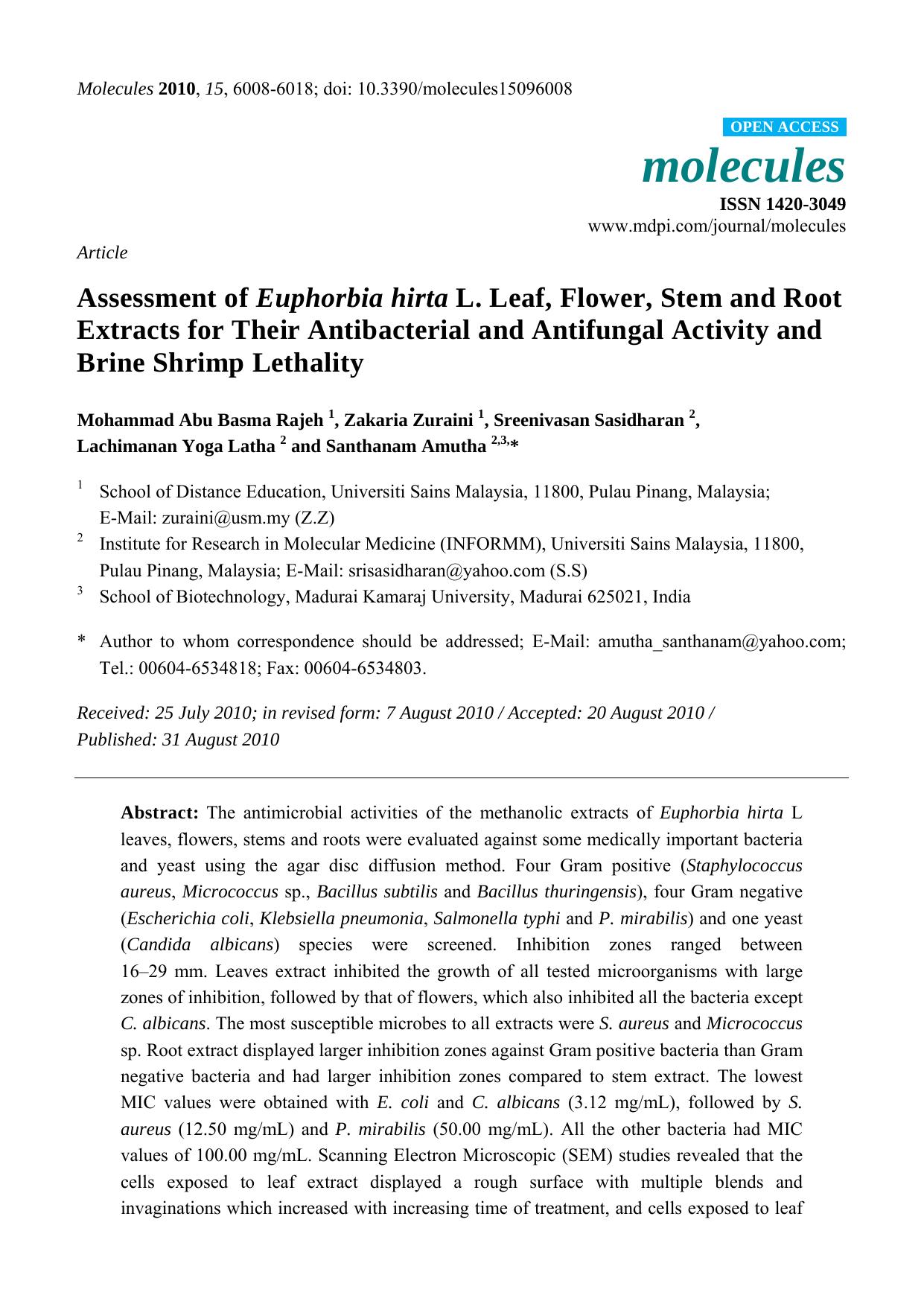 Assessment of Euphorbia hirta L. Leaf, Flower, Stem and Root Extracts for Their Antibacterial and Antifungal Activity and Brine Shrimp Lethality by unknow