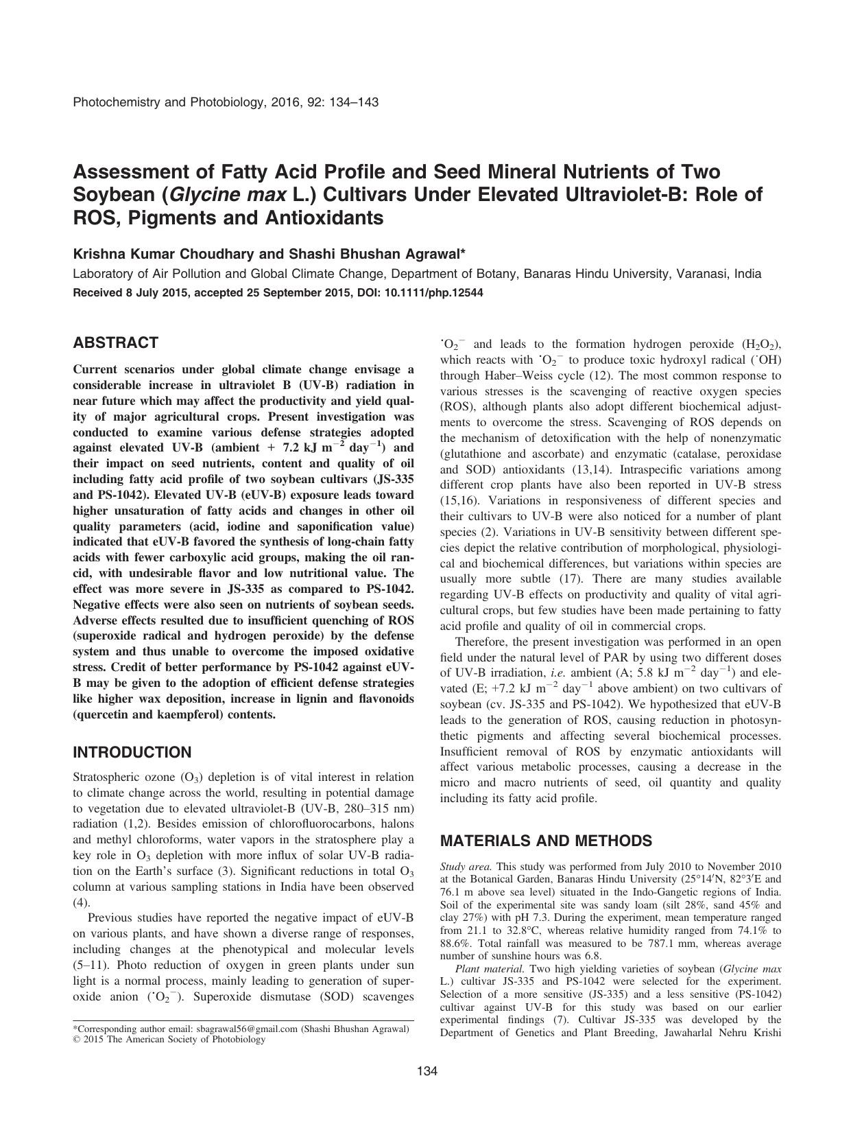 Assessment of Fatty Acid Profile and Seed Mineral Nutrients of Two Soybean (Glycine max L.) Cultivars Under Elevated Ultraviolet‐B: Role of ROS, Pigments and Antioxidants by Unknown