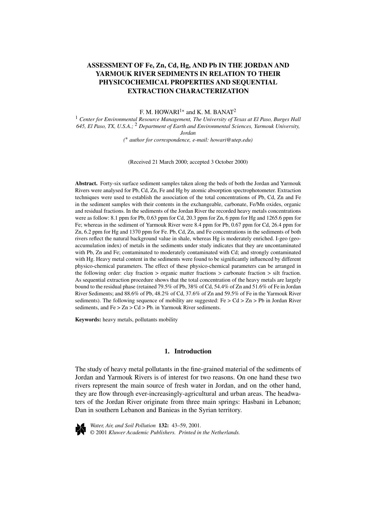 Assessment of Fe, Zn, Cd, Hg, and Pb in the Jordan and Yarmouk River Sediments in Relation to Their Physicochemical Properties and Sequential Extraction Characterization by Unknown
