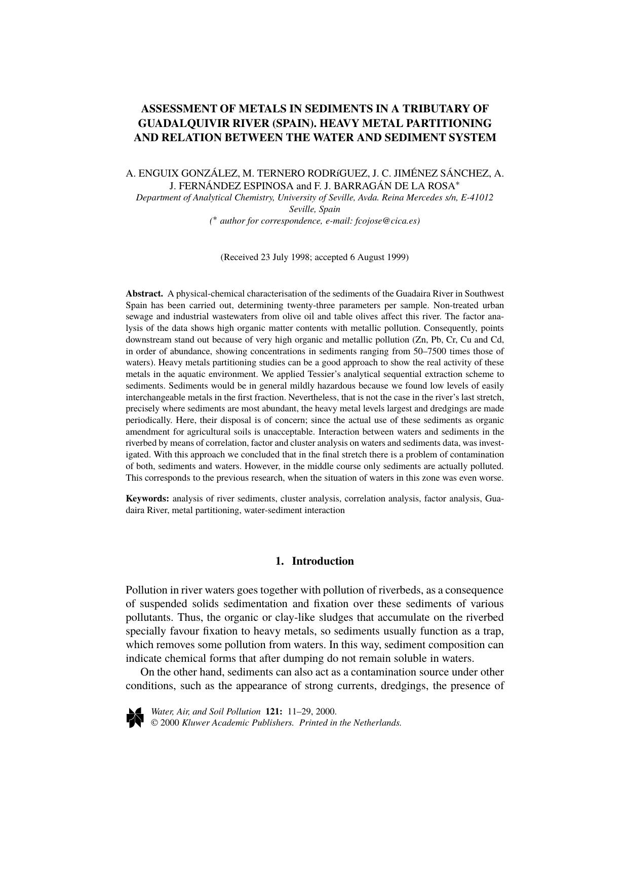 Assessment of Metals in Sediments in a Tributary of Guadalquiver River (Spain). Heavy Metal Partitioning and Relation between the Water and Sediment System by Unknown