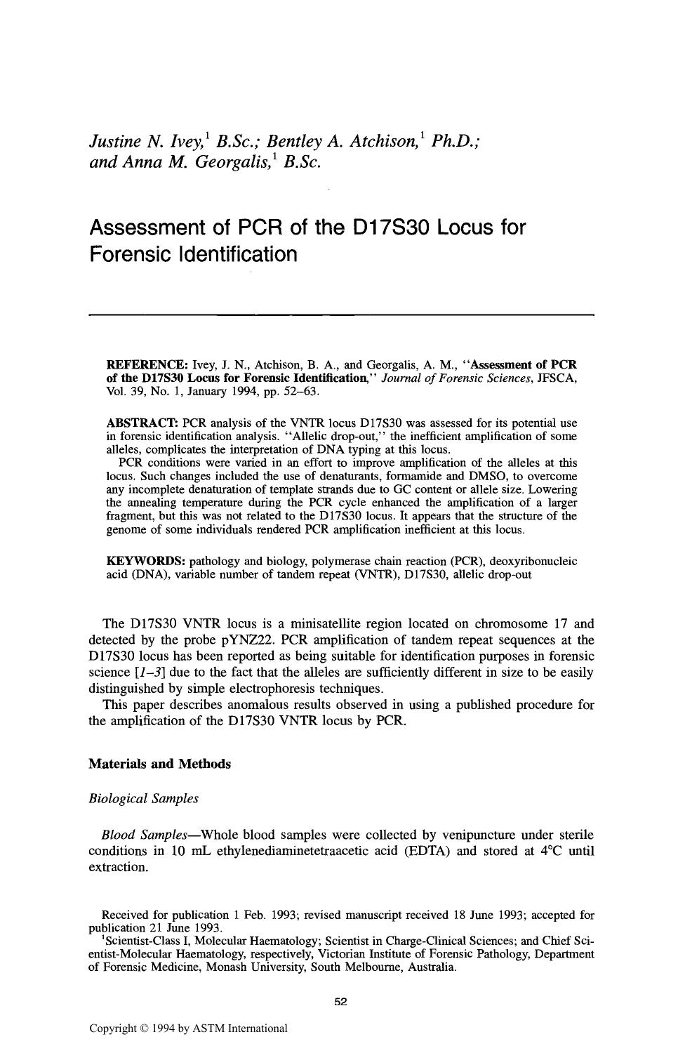 Assessment of PCR of the D17S30 Locus for Forensic Identification by Ivey JN Atchison BA Georgalis AM