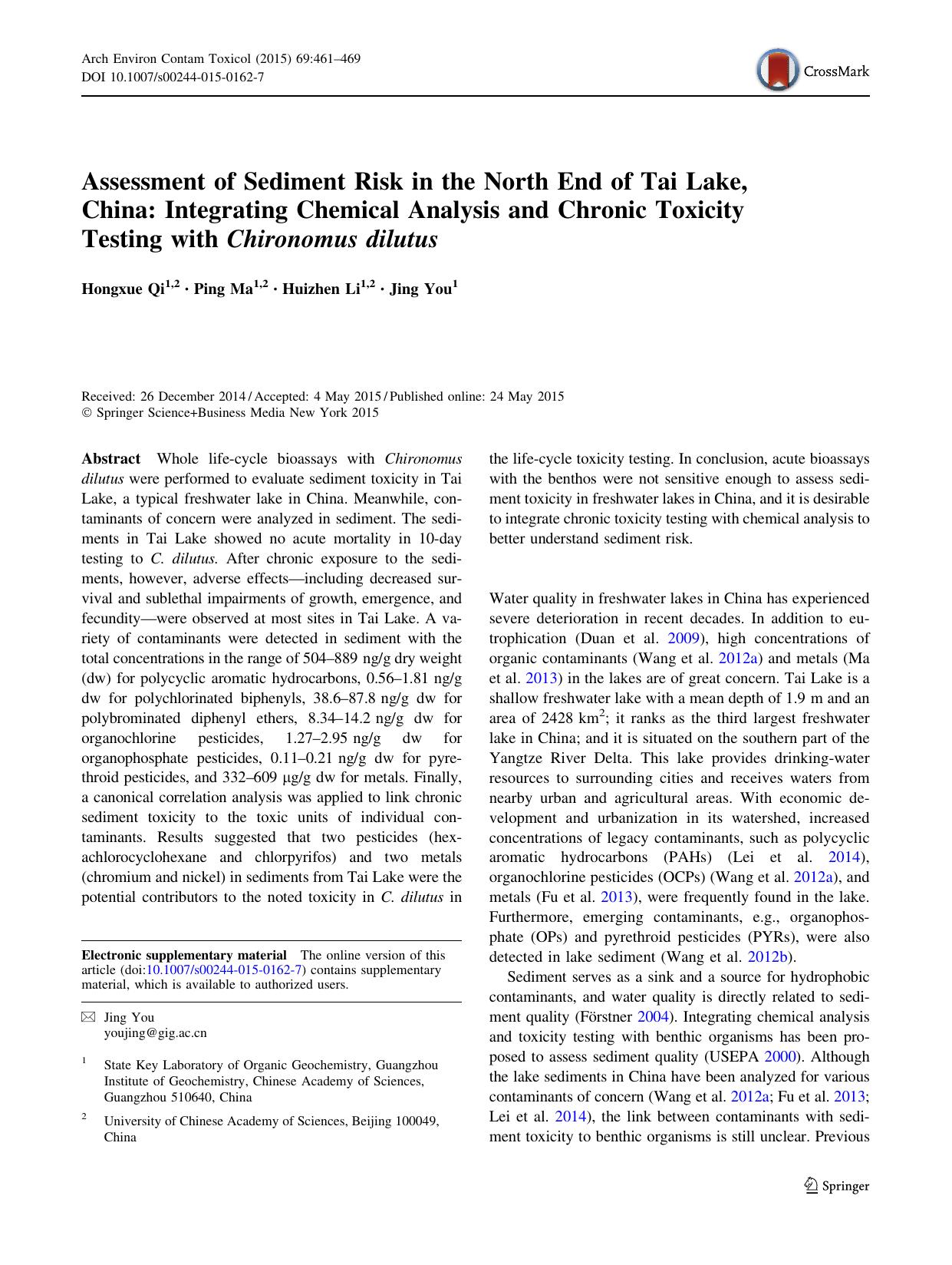 Assessment of Sediment Risk in the North End of Tai Lake, China: Integrating Chemical Analysis and Chronic Toxicity Testing with Chironomus dilutus by Hongxue Qi & Ping Ma & Huizhen Li & Jing You
