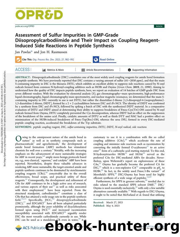 Assessment of Sulfur Impurities in GMP-Grade Diisopropylcarbodiimide and Their Impact on Coupling Reagent-Induced Side Reactions in Peptide Synthesis by Jan Pawlas & Jon H. Rasmussen