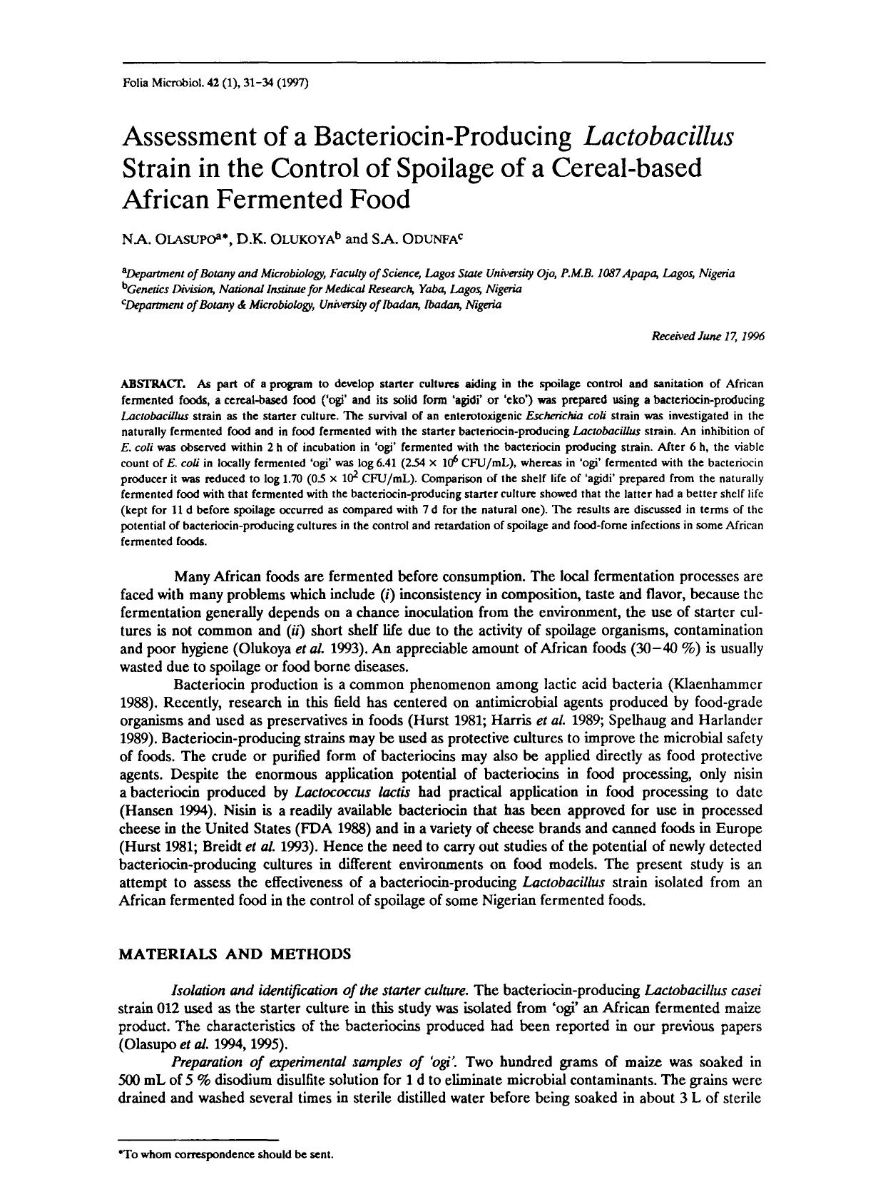 Assessment of a bacteriocin-producing <Emphasis Type="Italic">Lactobacillus <Emphasis> strain in the control of spoilage of a cereal-based African fermented food by Unknown