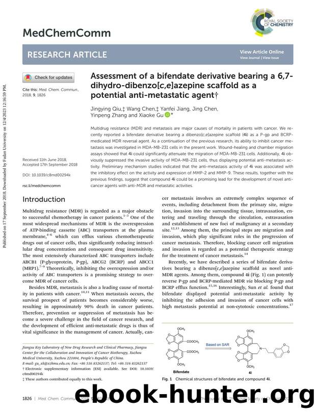 Assessment of a bifendate derivative bearing a 6,7-dihydro-dibenzo[c,e]azepine scaffold as a potential anti-metastatic agent by Jingying Qiu & Wang Chen & Yanfei Jiang & Jing Chen & Yinpeng Zhang & Xiaoke Gu