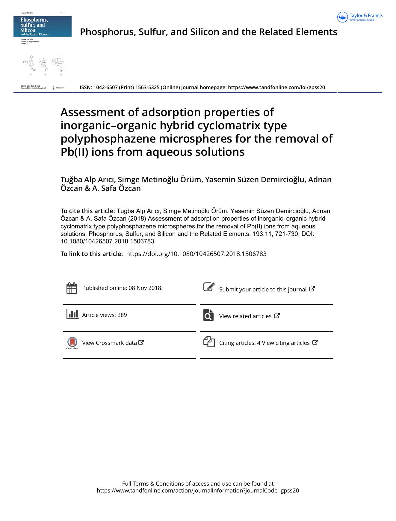 Assessment of adsorption properties of inorganicâorganic hybrid cyclomatrix type polyphosphazene microspheres for the removal of Pb(II) ions from aqueous solutions by unknow
