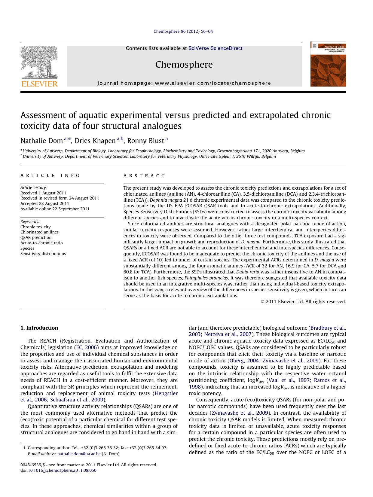 Assessment of aquatic experimental versus predicted and extrapolated chronic toxicity data of four structural analogues by Nathalie Dom & Dries Knapen & Ronny Blust