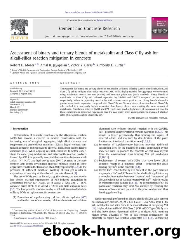 Assessment of binary and ternary blends of metakaolin and Class C fly ash for alkali-silica reaction mitigation in concrete by Robert D. Moser & Amal R. Jayapalan & Victor Y. Garas & Kimberly E. Kurtis