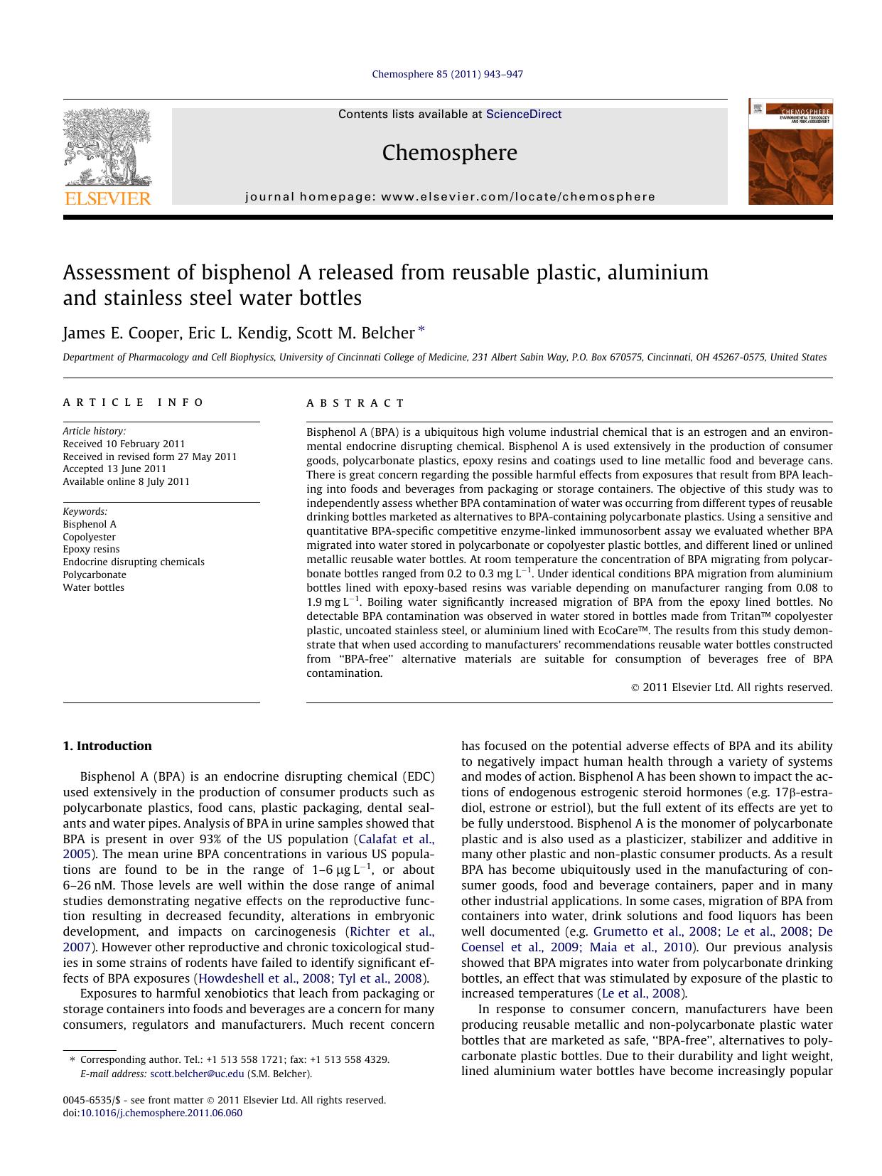 Assessment of bisphenol A released from reusable plastic, aluminium and stainless steel water bottles by James E. Cooper & Eric L. Kendig & Scott M. Belcher