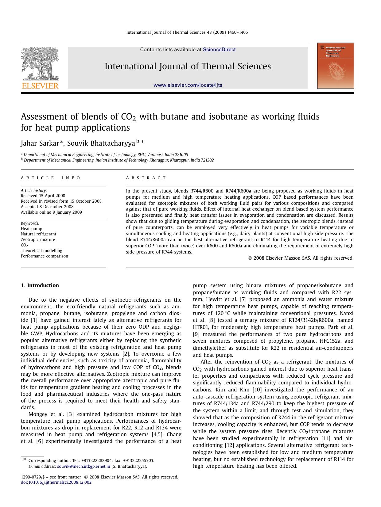 Assessment of blends of CO2 with butane and isobutane as working fluids for heat pump applications by Jahar Sarkar; Souvik Bhattacharyya