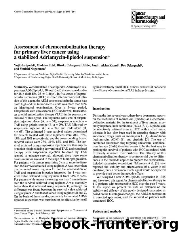 Assessment of chemoembolization therapy for primary liver cancer using a stabilized Adriamycin-lipiodol suspension by Unknown