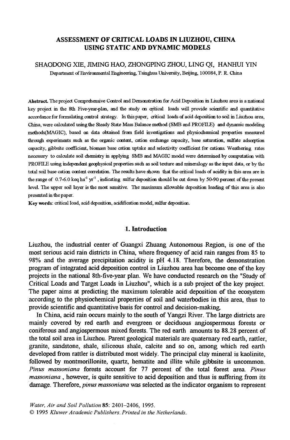 Assessment of critical loads in liuzhou, China using static and dynamic models by Unknown