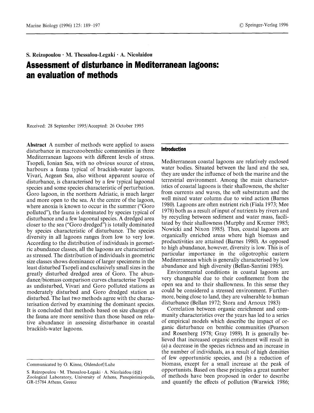 Assessment of distubance in Mediterranean lagoons: An evaluation of methods by Unknown
