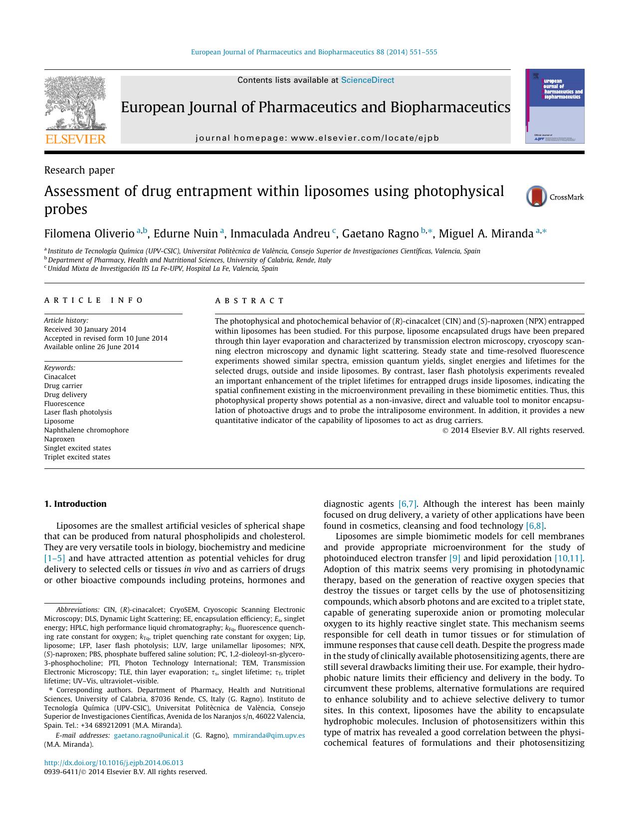 Assessment of drug entrapment within liposomes using photophysical probes by Filomena Oliverio & Edurne Nuin & Inmaculada Andreu & Gaetano Ragno & Miguel A. Miranda