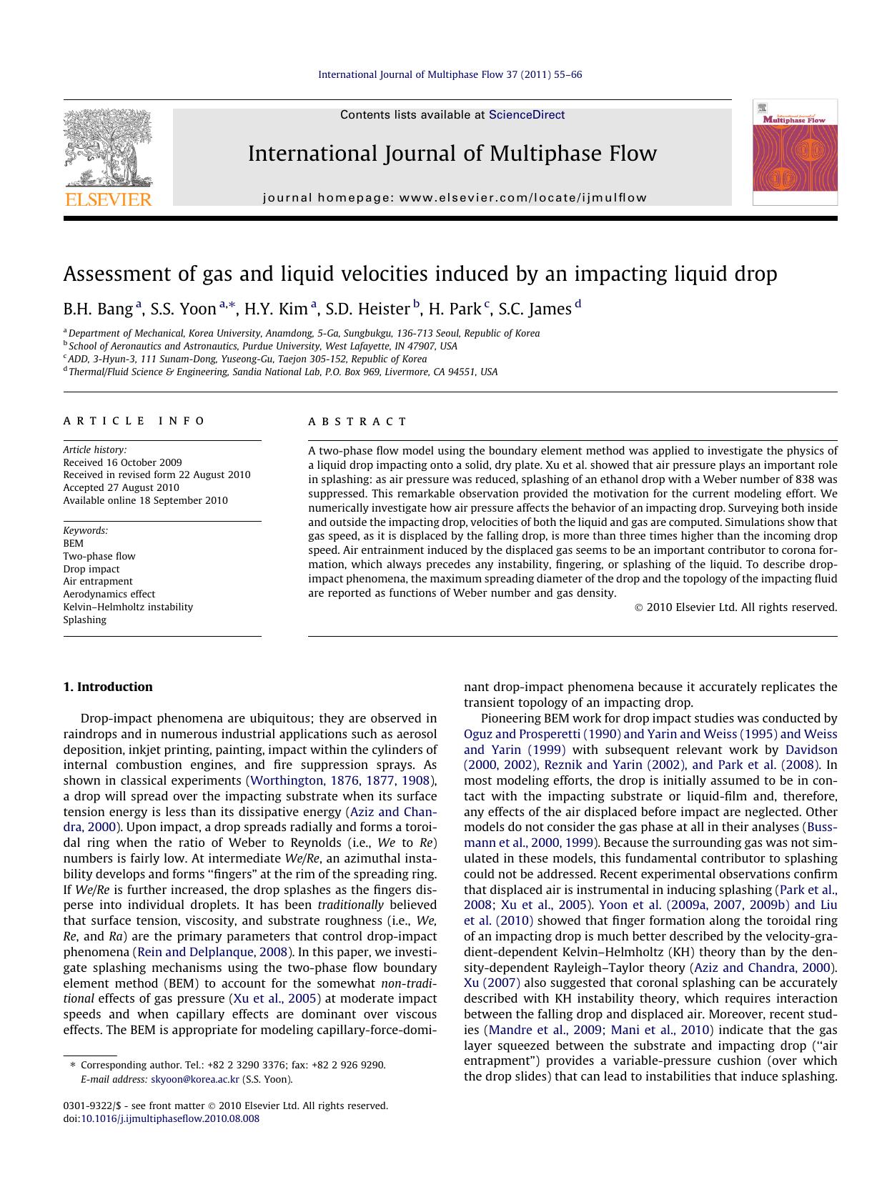 Assessment of gas and liquid velocities induced by an impacting liquid drop by B.H. Bang & S.S. Yoon & H.Y. Kim & S.D. Heister & H. Park & S.C. James