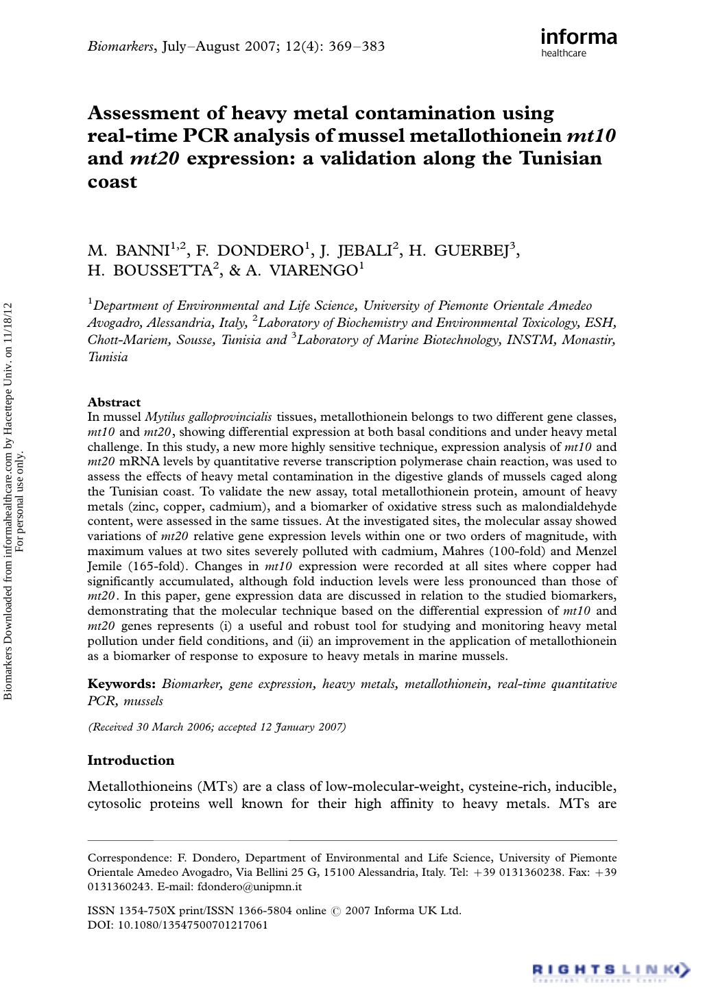 Assessment of heavy metal contamination using real-time PCR analysis of mussel metallothionein mt10 and mt20 expression: a validation along the Tunisian coast by M. Banni F. Dondero J. Jebali H. Guerbej H. Boussetta & A. Viarengo