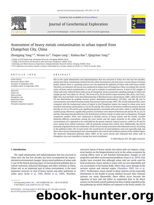 Assessment of heavy metals contamination in urban topsoil from Changchun City, China by Zhongping Yang & Wenxi Lu & Yuqiao Long & Xinhua Bao & Qingchun Yang