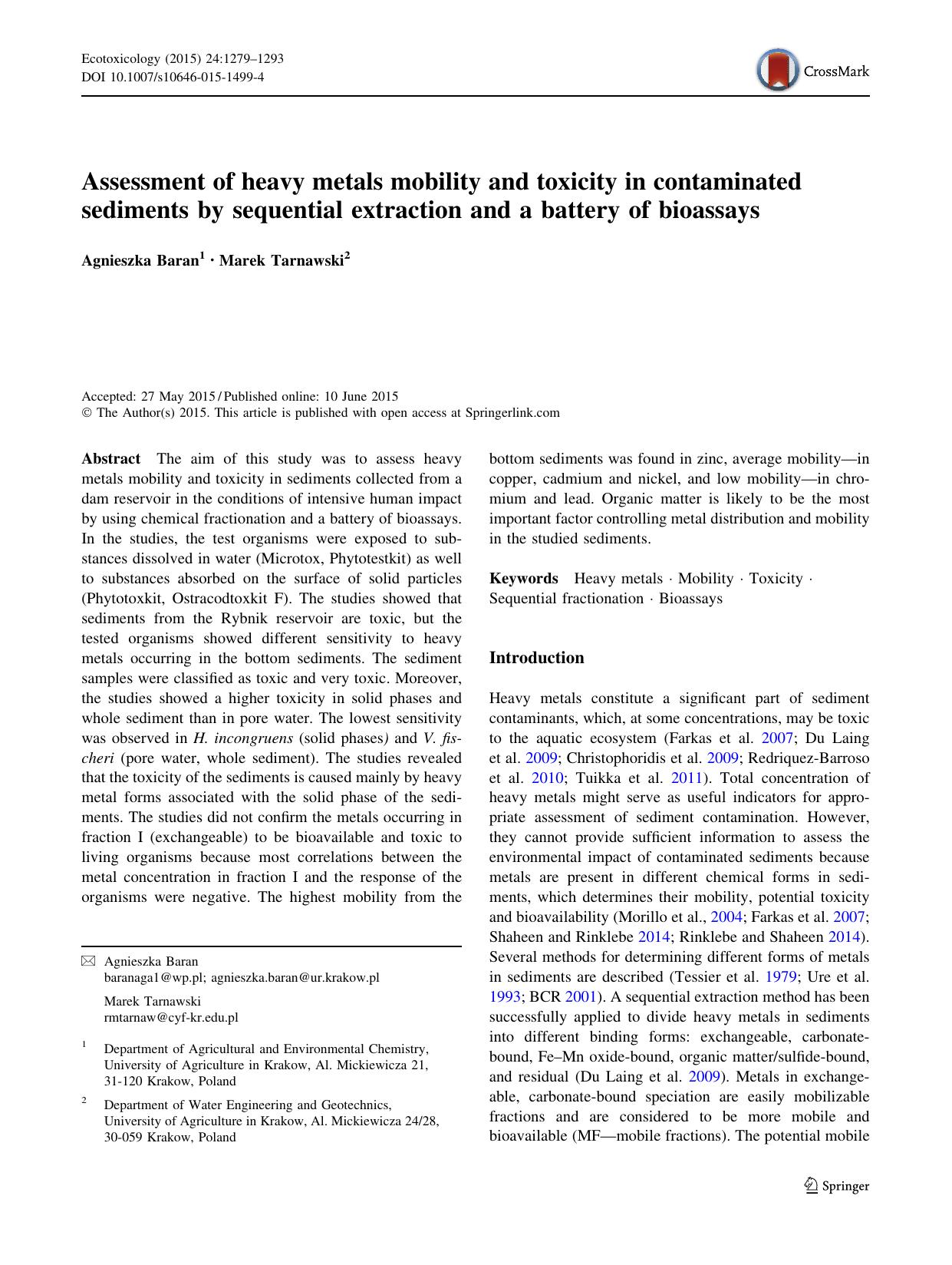 Assessment of heavy metals mobility and toxicity in contaminated sediments by sequential extraction and a battery of bioassays by Agnieszka Baran & Marek Tarnawski