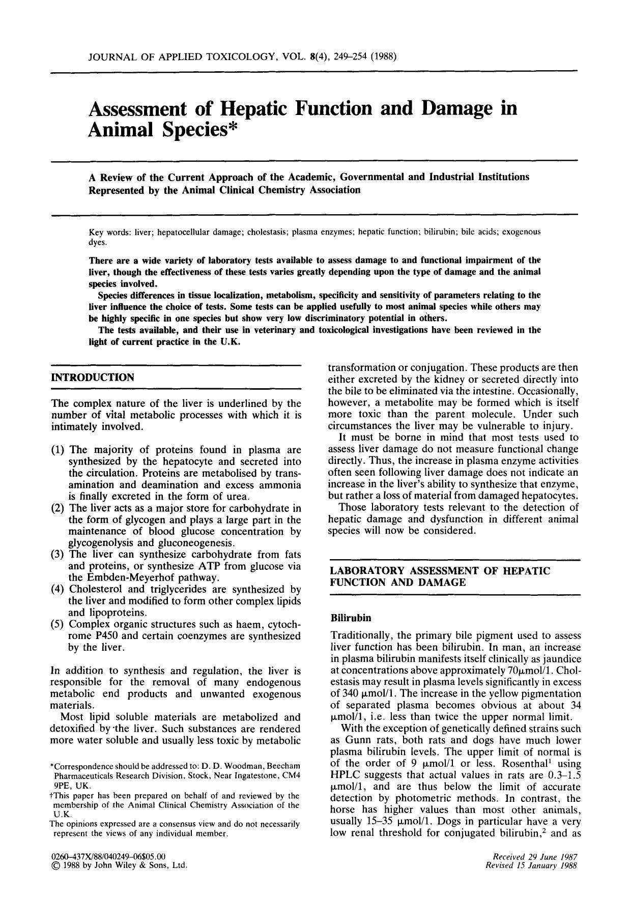 Assessment of hepatic function and damage in animal species. A review of the current approach of the academic, governmental and industrial institutions represented by the Animal Cl by Unknown