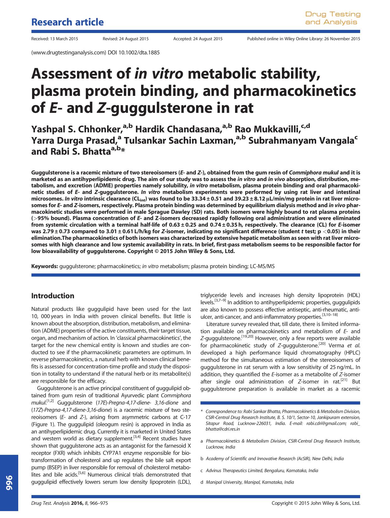 Assessment of in vitro metabolic stability, plasma protein binding, and pharmacokinetics of E- and Z-guggulsterone in rat by unknow
