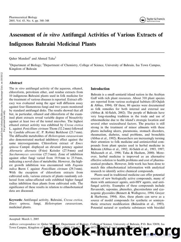 Assessment of in vitro. Antifungal Activities of Various Extracts of Indigenous Bahraini Medicinal Plants by Qaher Mandeel & Ahmed Taha