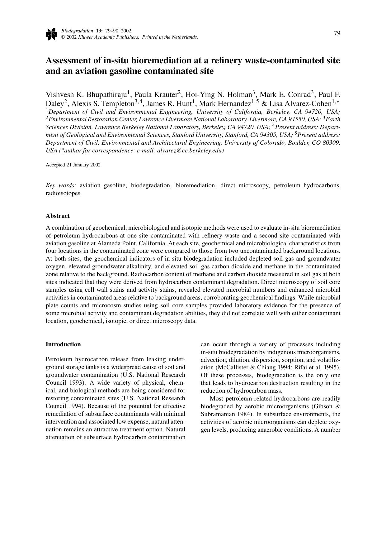 Assessment of in-situ bioremediation at a refinery waste-contaminated site and an aviation gasoline contaminated site by Unknown