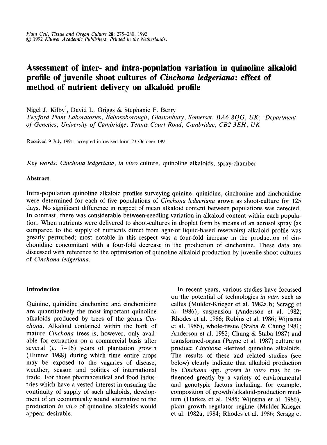 Assessment of inter- and intra-population variation in quinoline alkaloid profile of juvenile shoot cultures of <Emphasis Type="Italic">Cinchona ledgeriana <Emphasis>: effect of m by Unknown