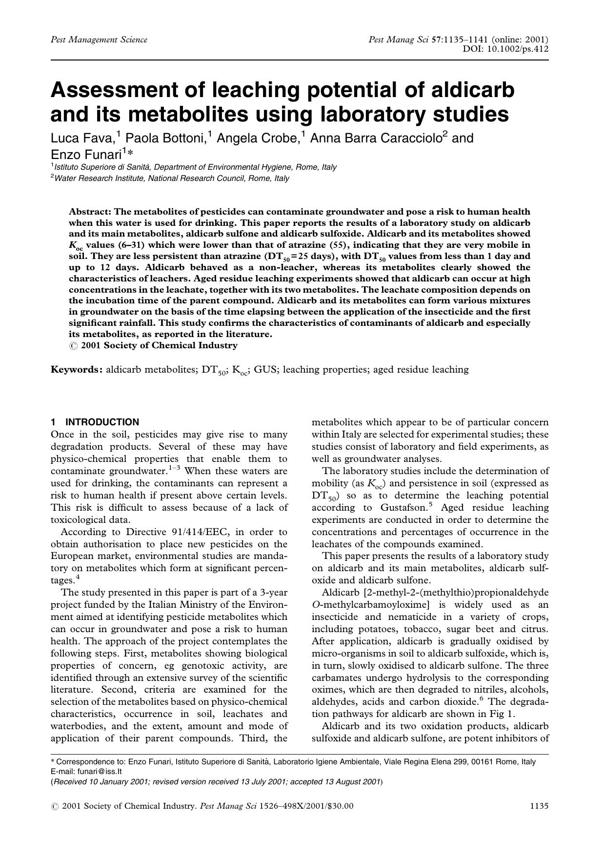 Assessment of leaching potential of aldicarb and its metabolites using laboratory studies by Unknown