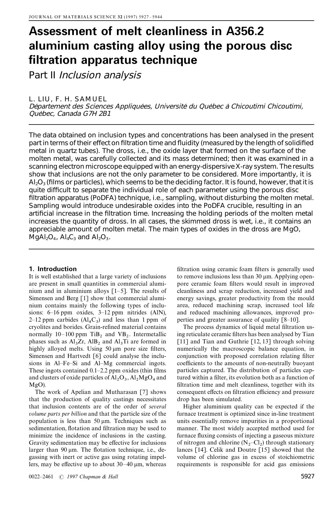 Assessment of melt cleanliness in A356.2 aluminium casting alloy using the porous disc filtration apparatus technique: Part II Inclusion analysis by Unknown