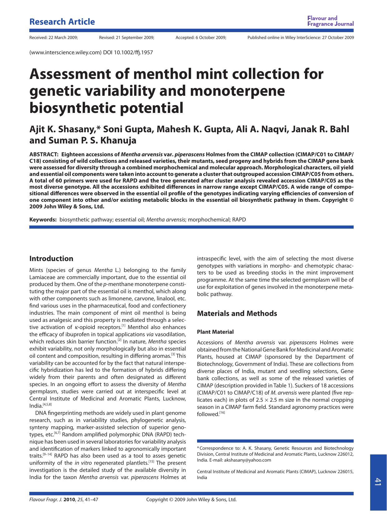 Assessment of menthol mint collection for genetic variability and monoterpene biosynthetic potential by PC