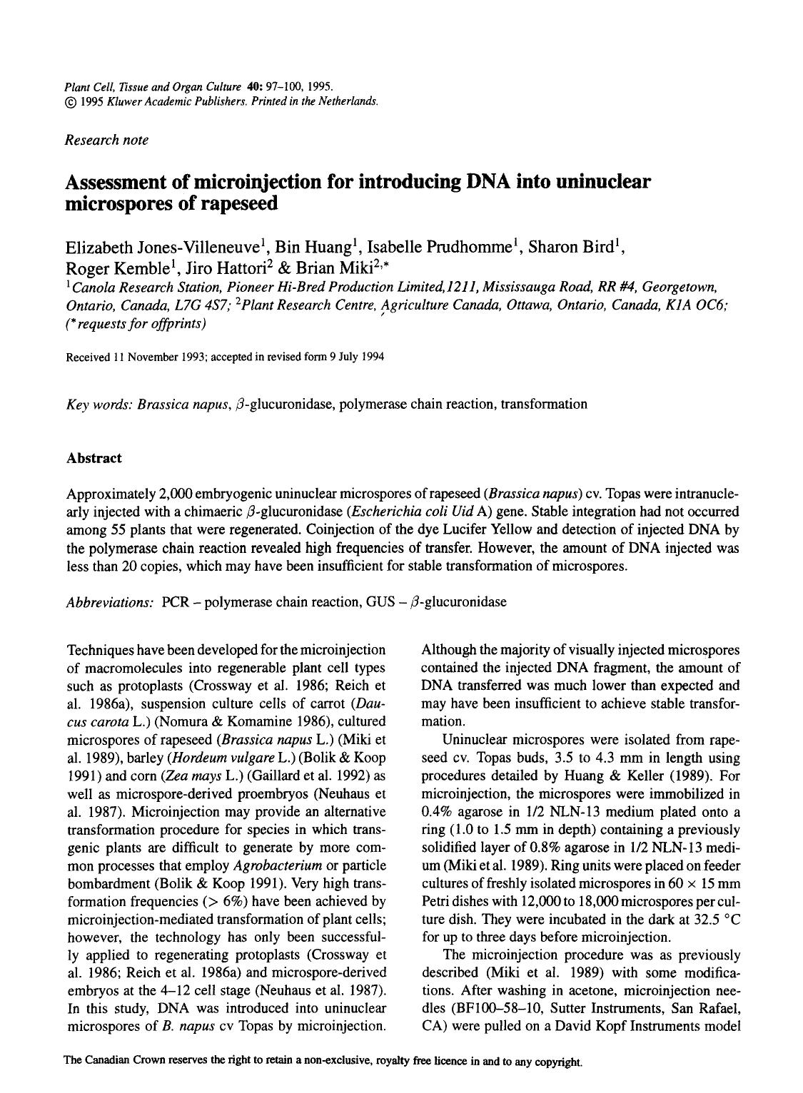 Assessment of microinjection for introducing DNA into uninuclear microspores of rapeseed by Unknown