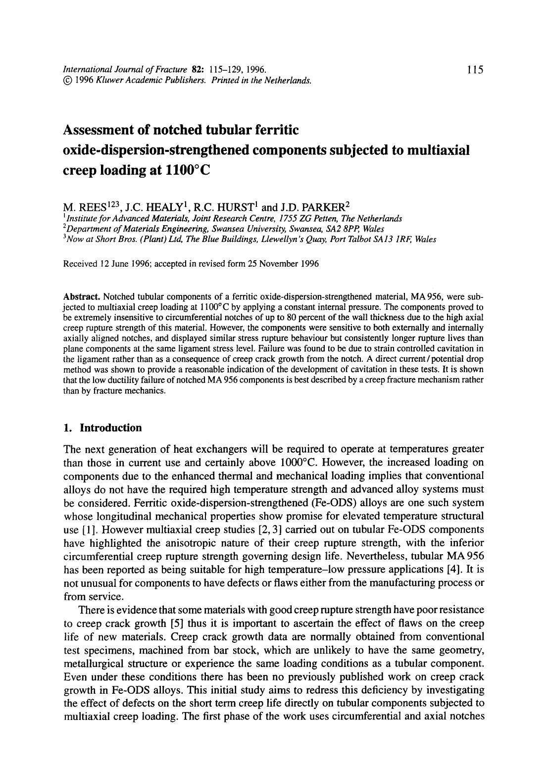 Assessment of notched tubular ferritic oxide-dispersion-strengthened components subjected to multiaxial creep loading at 1100°C by Unknown