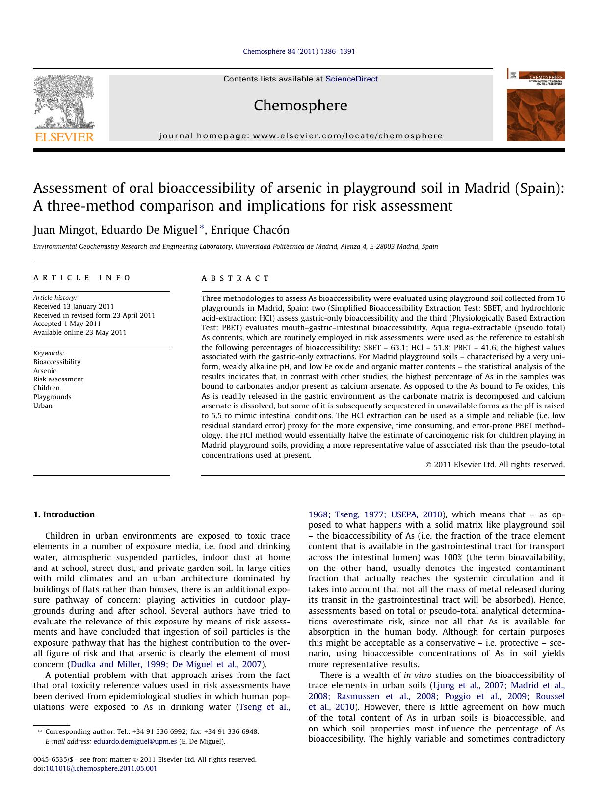 Assessment of oral bioaccessibility of arsenic in playground soil in Madrid (Spain): A three-method comparison and implications for risk assessment by Juan Mingot & Eduardo De Miguel & Enrique Chacón