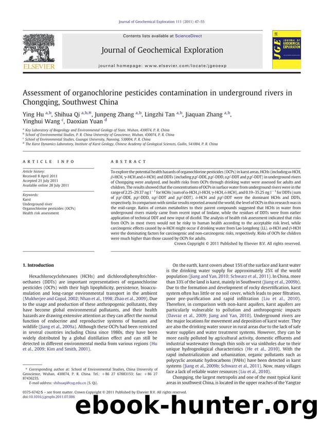 Assessment of organochlorine pesticides contamination in underground rivers in Chongqing, Southwest China by Ying Hu & Shihua Qi & Junpeng Zhang & Lingzhi Tan & Jiaquan Zhang & Yinghui Wang & Daoxian Yuan