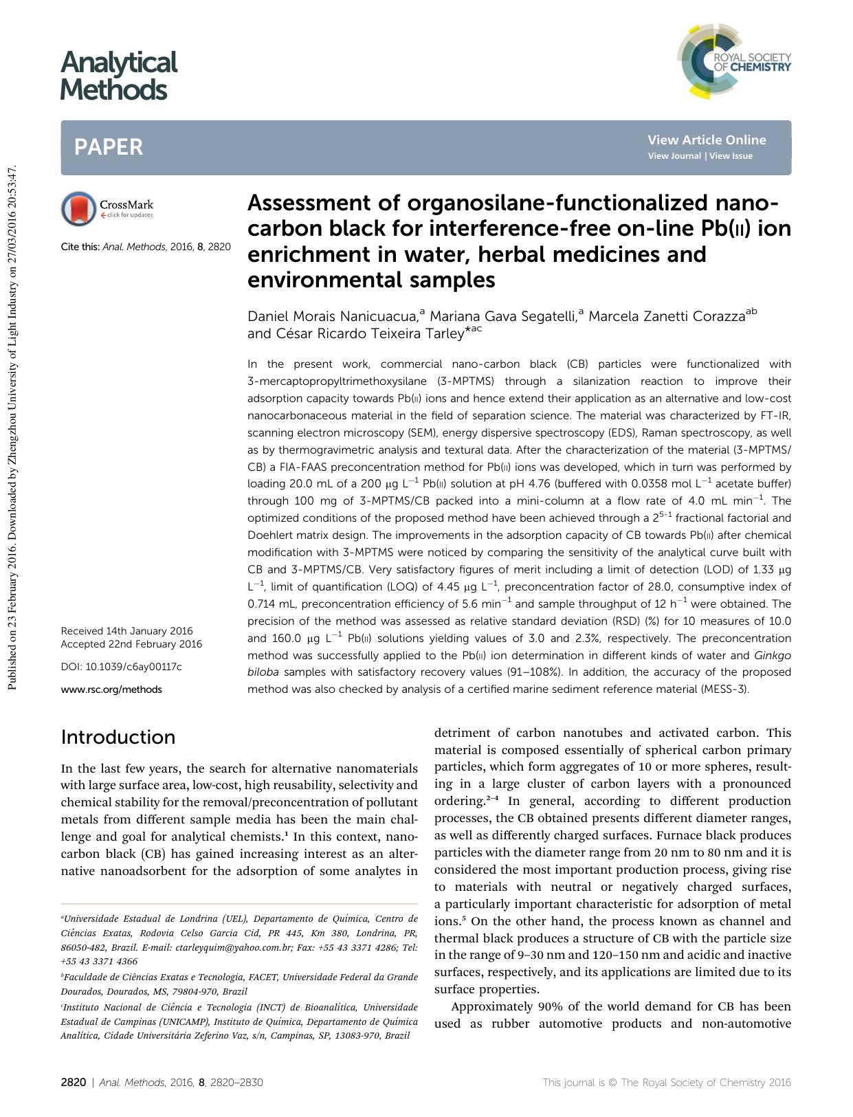 Assessment of organosilane-functionalized nano-carbon black for interference-free on-line Pb(ii) ion enrichment in water, herbal medicines and environmental samples by unknow