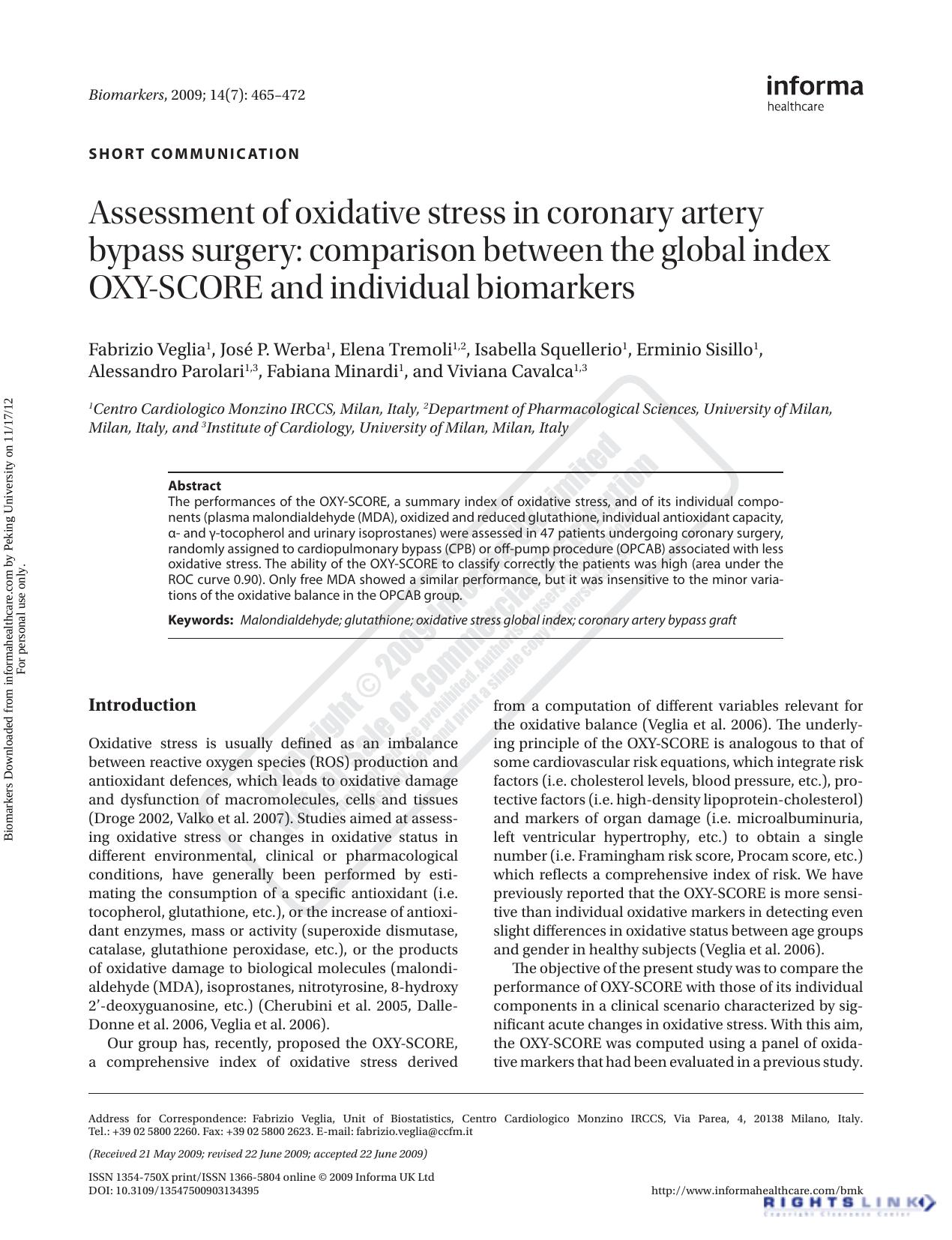 Assessment of oxidative stress in coronary artery bypass surgery: comparison between the global index OXY-SCORE and individual biomarkers by unknow