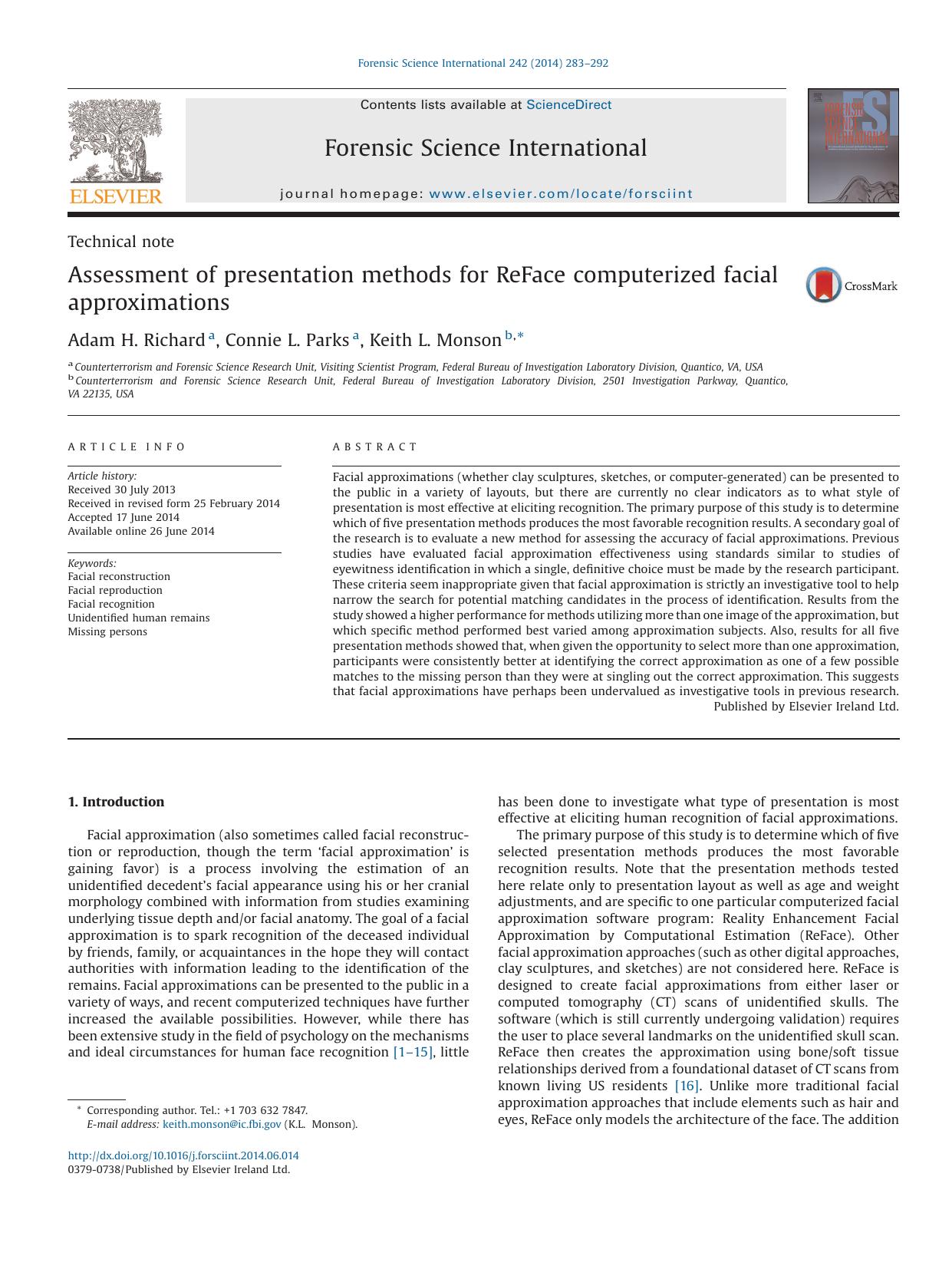 Assessment of presentation methods for ReFace computerized facial approximations by Adam H. Richard & Connie L. Parks & Keith L. Monson