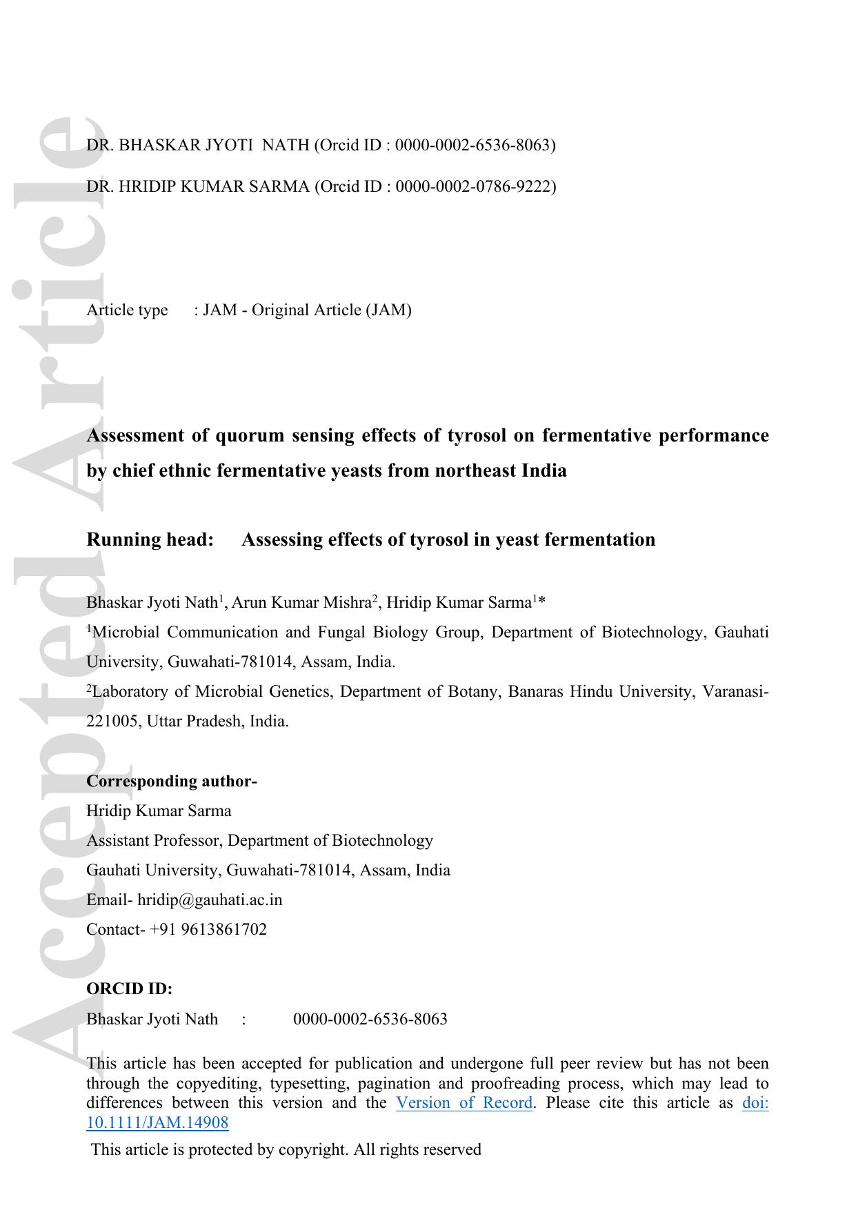 Assessment of quorum sensing effects of tyrosol on fermentative performance by chief ethnic fermentative yeasts from northeast India by Unknown