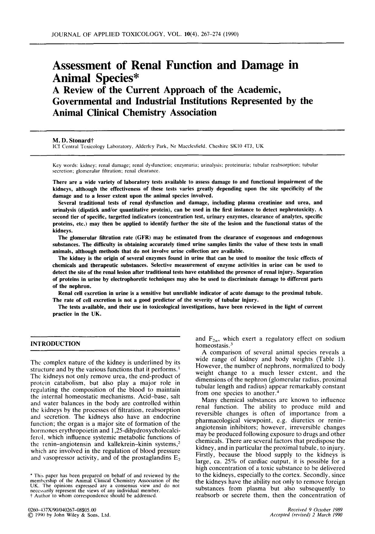 Assessment of renal function and damage in animal species. A review of the current approach of the academic, governmental and industrial institutions represented by the animal clin by Unknown
