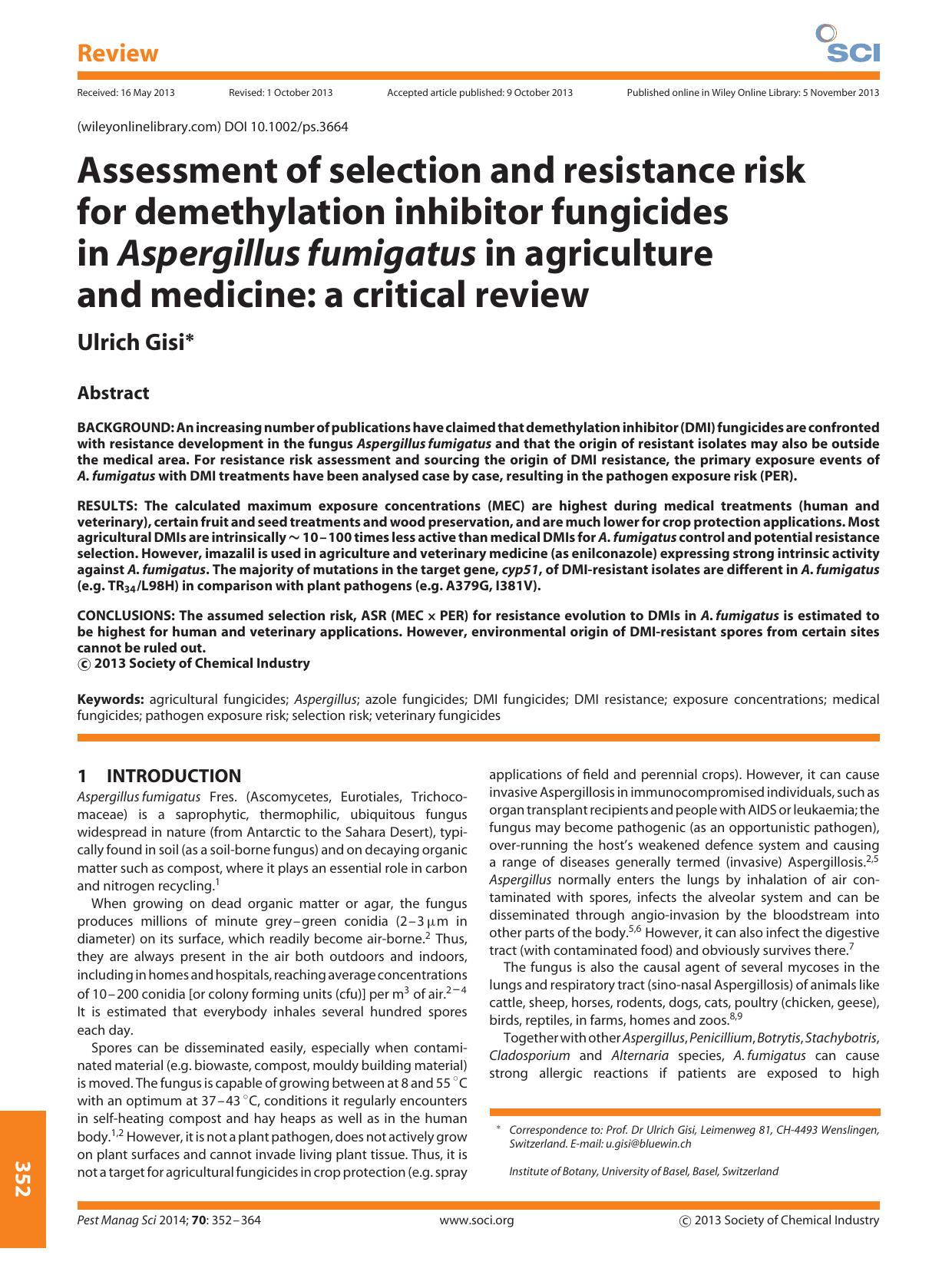 Assessment of selection and resistance risk for demethylation inhibitor fungicides in Aspergillusfumigatus in agriculture and medicine: a critical review by Unknown