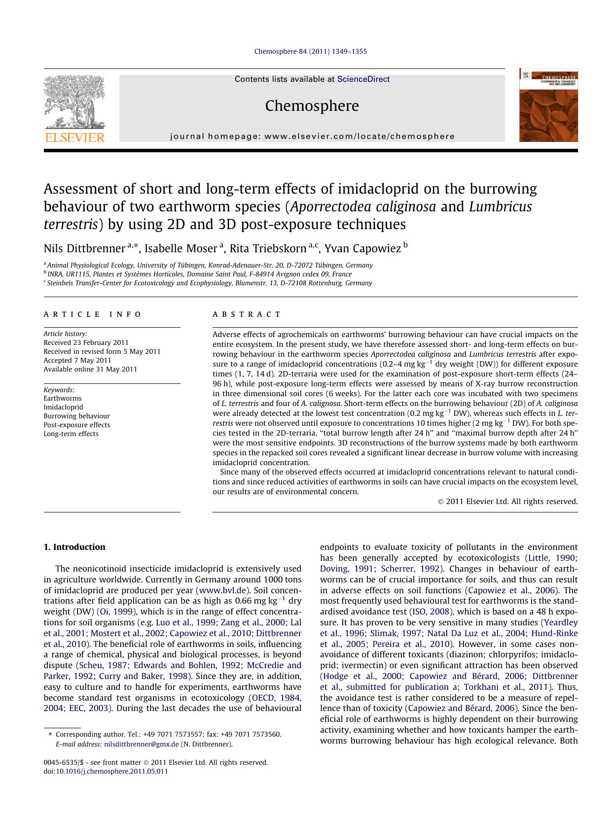 Assessment of short and long-term effects of imidacloprid on the burrowing behaviour of two earthworm species (Aporrectodea caliginosa and Lumbricus terrestris) by using 2D and 3D by Nils Dittbrenner & Isabelle Moser & Rita Triebskorn & Yvan Capowiez