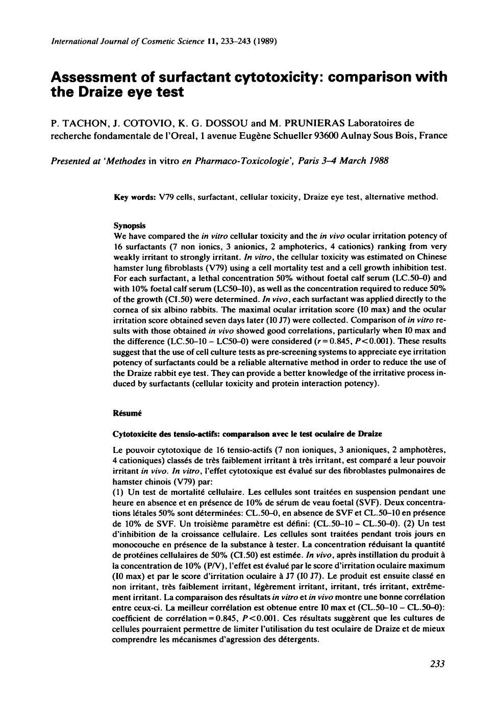 Assessment of surfactant cytotoxicity: comparison with the Draize eye test by Unknown