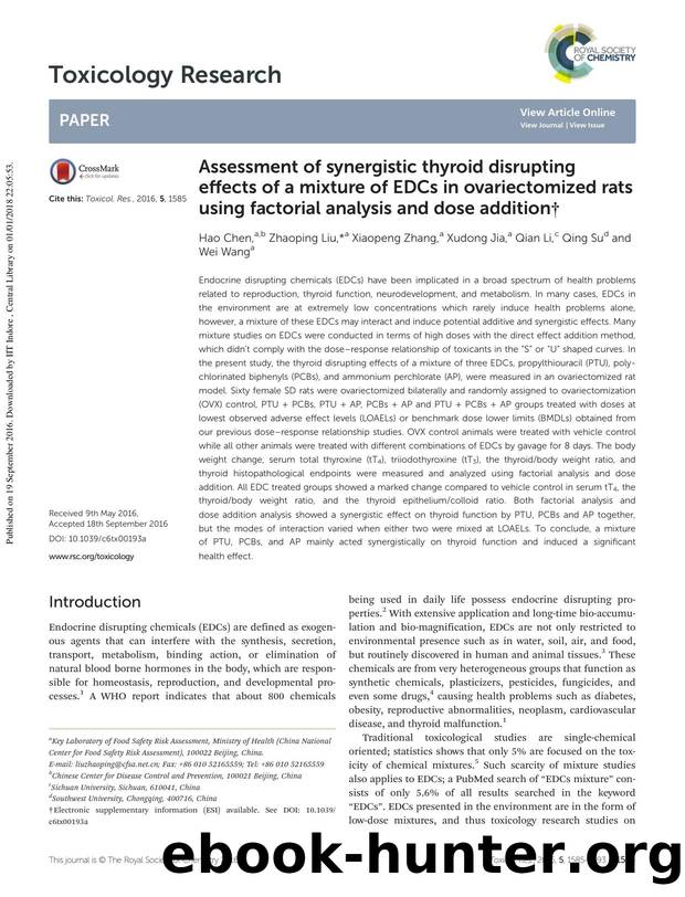 Assessment of synergistic thyroid disrupting effects of a mixture of EDCs in ovariectomized rats using factorial analysis and dose addition by Hao Chen Zhaoping Liu Xiaopeng Zhang Xudong Jia Qian Li Qing Su Wei Wang