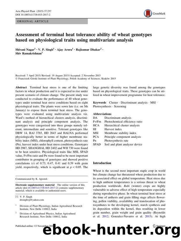 Assessment of terminal heat tolerance ability of wheat genotypes based on physiological traits using multivariate analysis by Shivani Nagar & V. P. Singh & Ajay Arora & Rajkumar Dhakar & Shiv Ramakrishnan